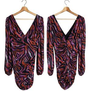 ASOS Zebra Print Plunge Long Sleeve Mini Dress Women's 10 Going Out Party Ruched